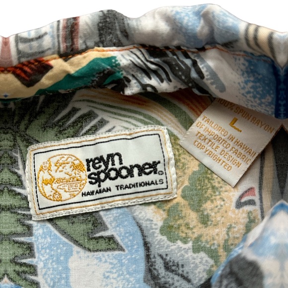 Reyn Spooner Shirt Mens Size L Short Sleeve Hawaiian Eddy Y Car Print Spun Rayon - Picture 4 of 4